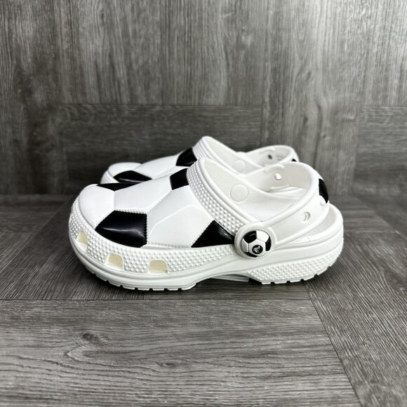 CROCS Classic Kids size 10 White Black Soccer Themed Clogs - Picture 2 of 8